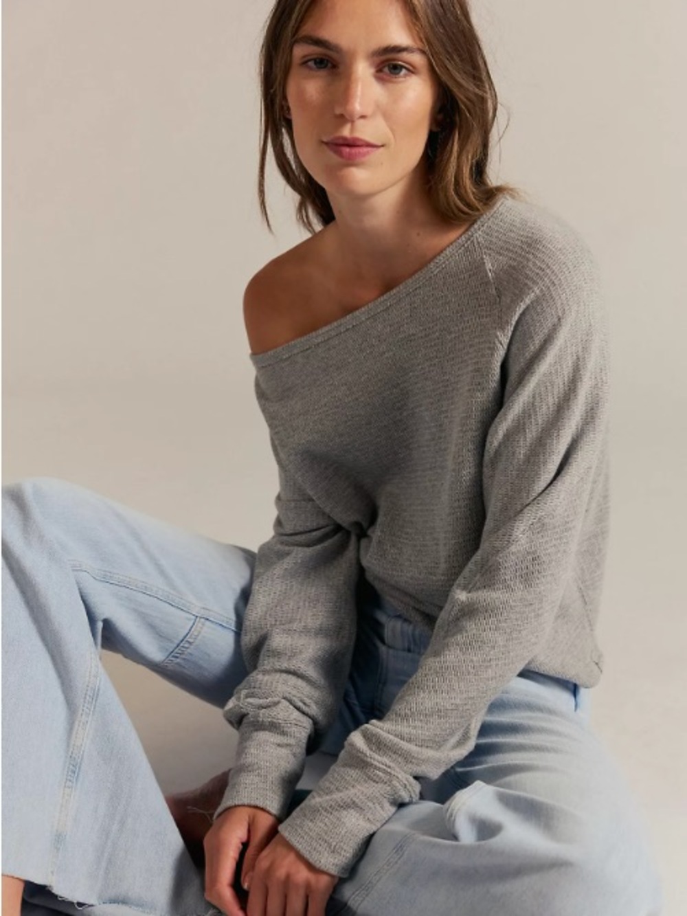 We The Free Light Gray Long Sleeve Boatneck Knit Top XS